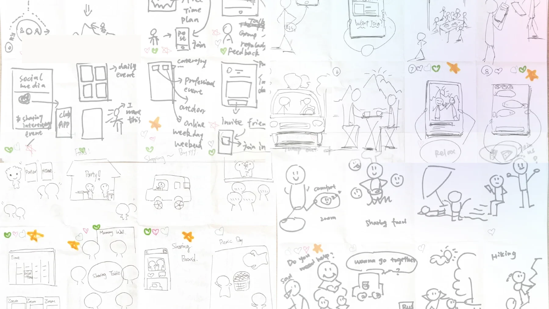 Crazy 8 sketches exploring campus activities and social features