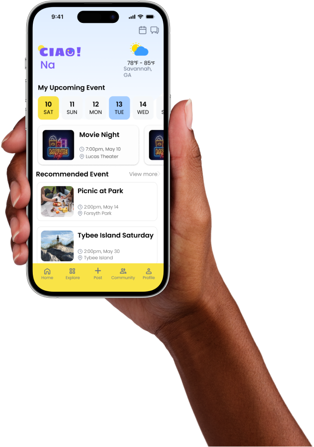 A hand holding the Ciao home screen
