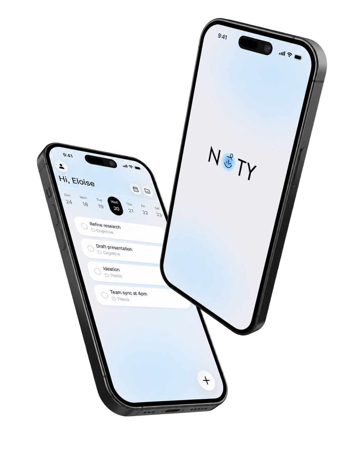 Two overlapping iPhones introducing Noty