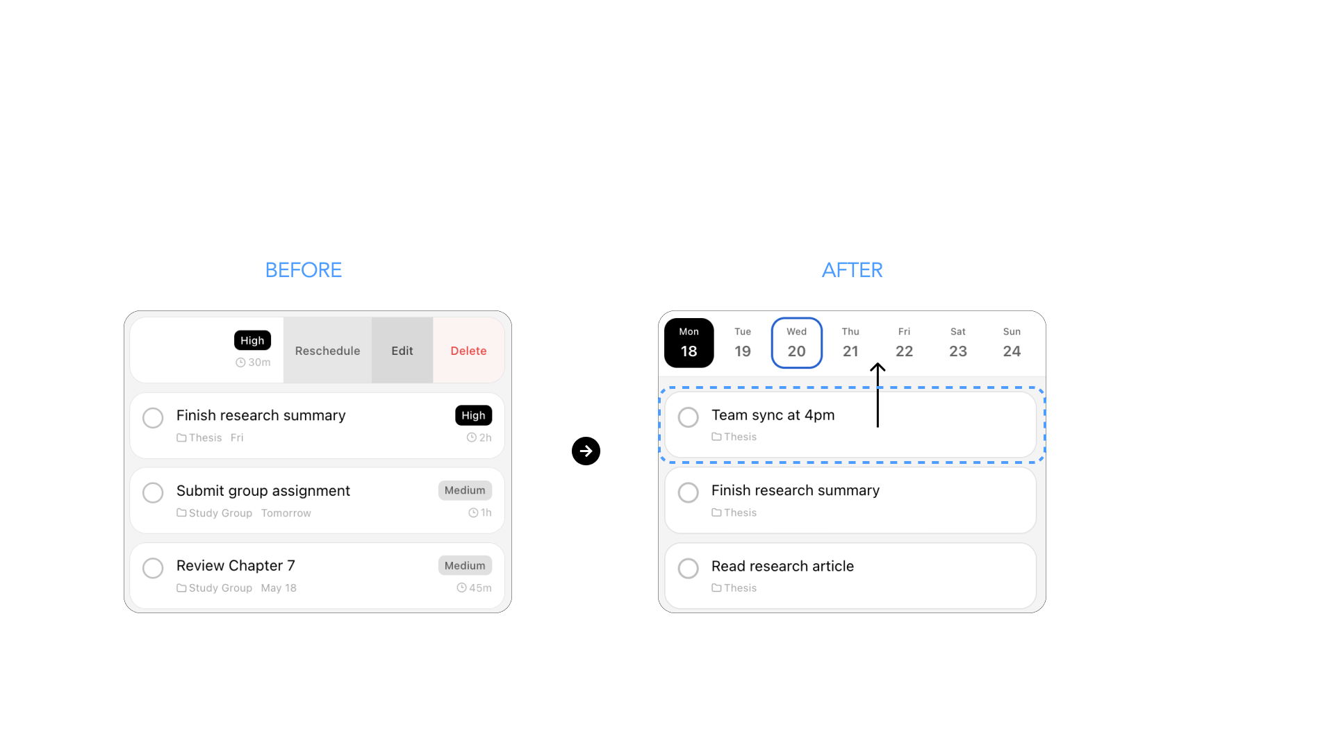 Task rescheduling: original before and after interface comparison