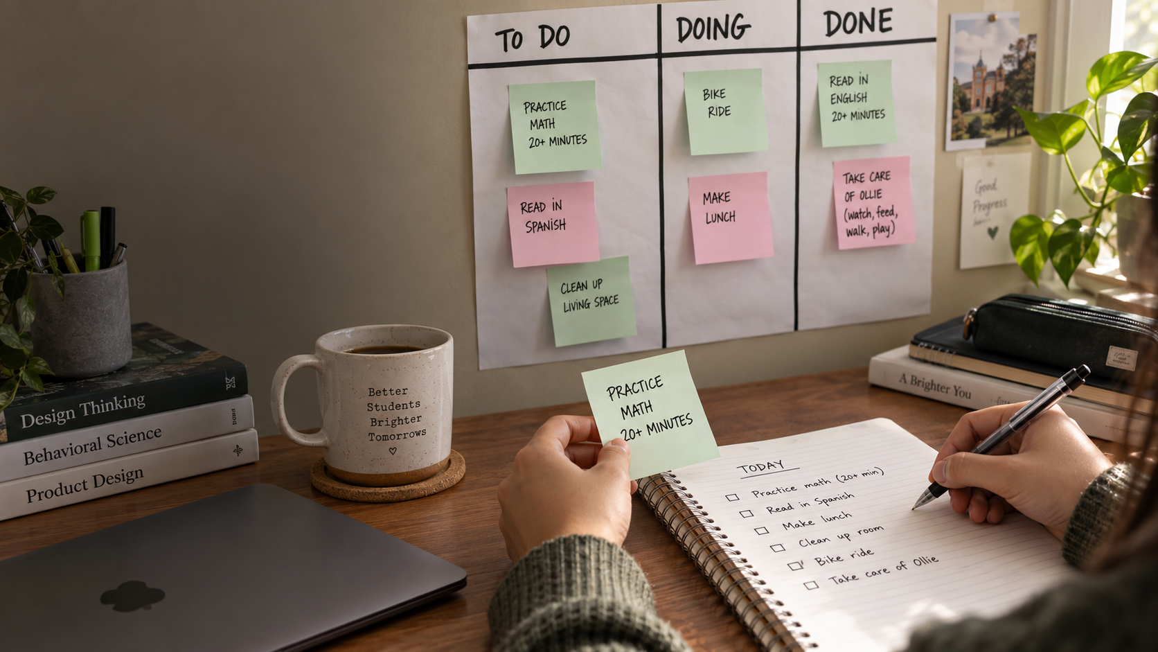 Illustrative scene of a student holding a sticky note while writing a notebook to-do list beside a task board