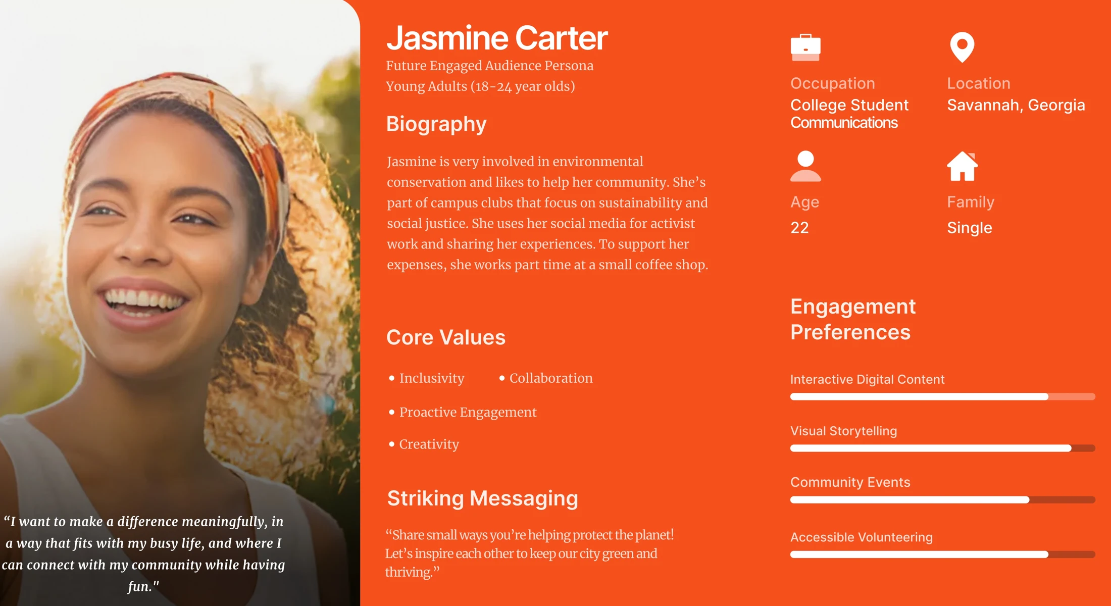 Audience persona: biography, values, messaging, demographics and engagement preferences
