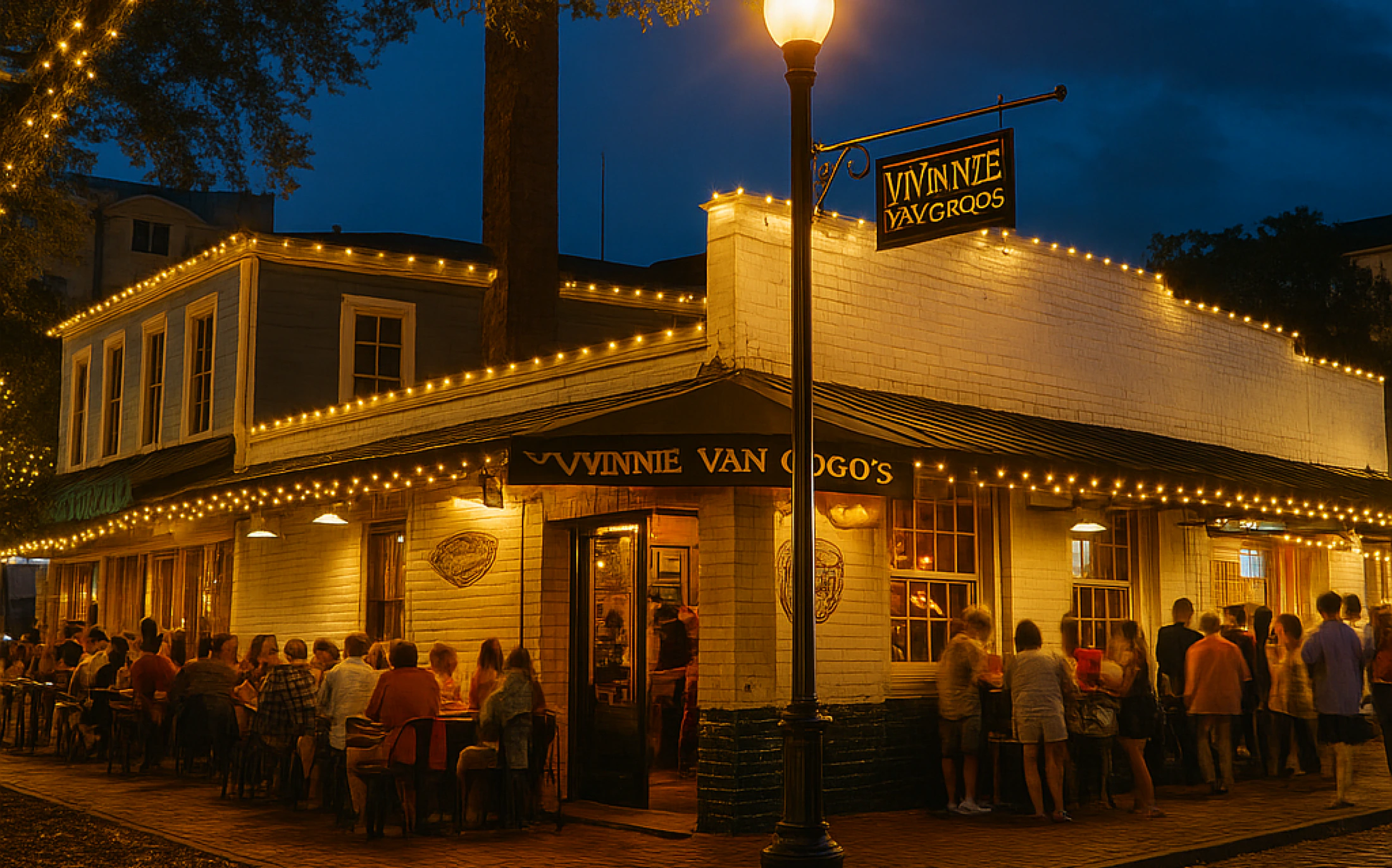 Vinnie VanGoGo’s restaurant and outdoor diners at night