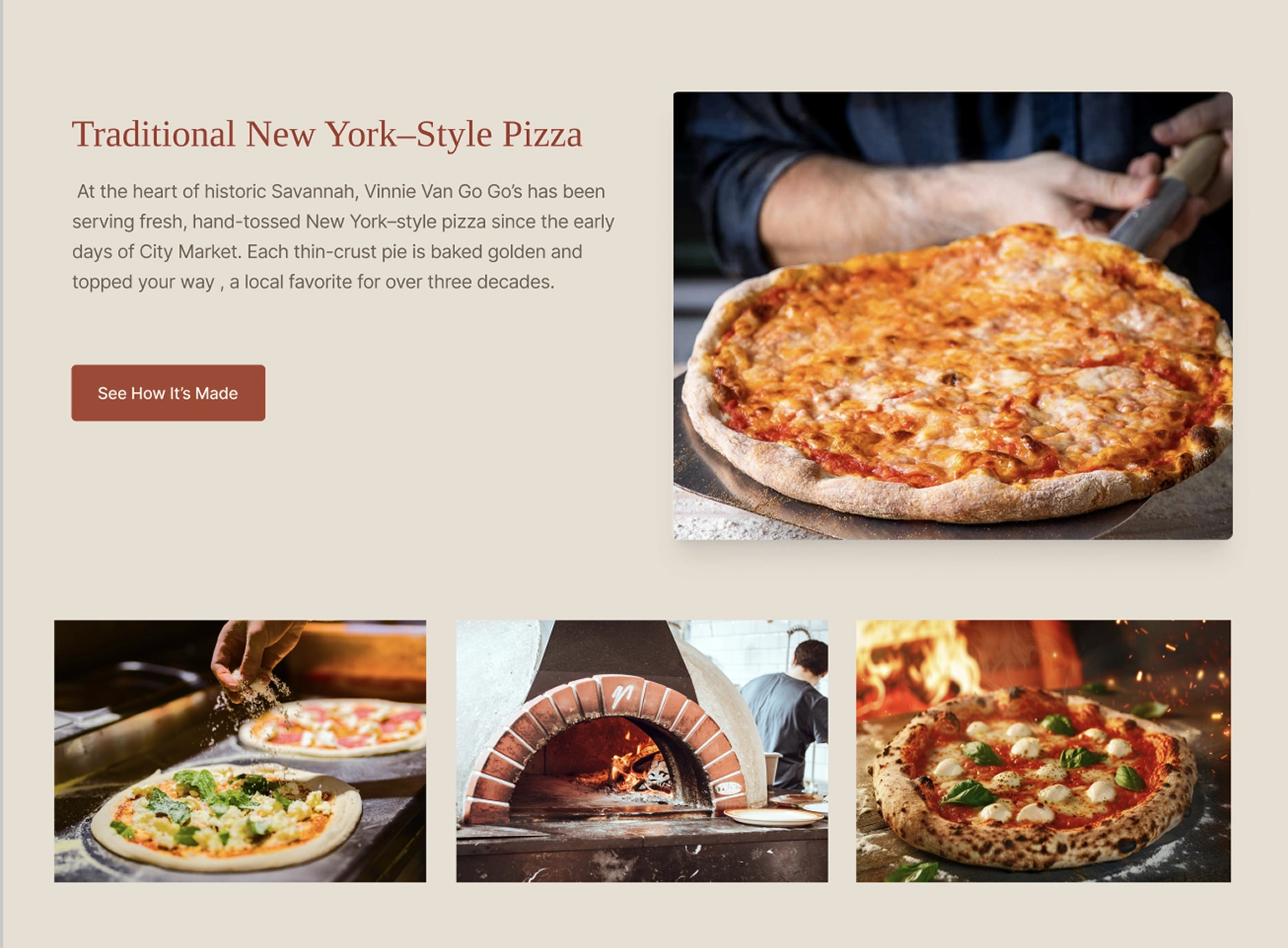 Pizza introduction after testing, with three additional preparation and food photographs