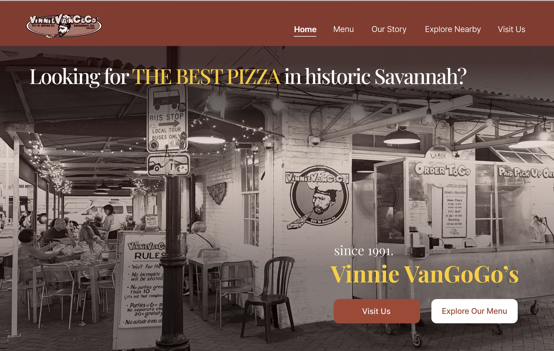 Revised hero with the restaurant exterior, a full-width headline, Visit Us navigation, and paired calls to action