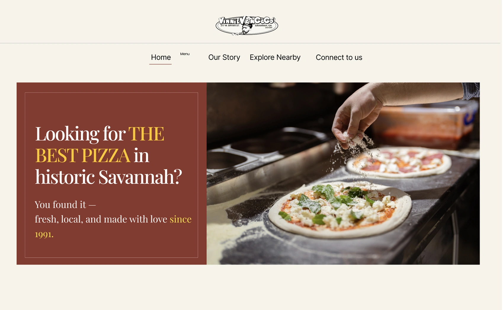 Earlier prototype with a split text-and-pizza hero and Connect to us navigation