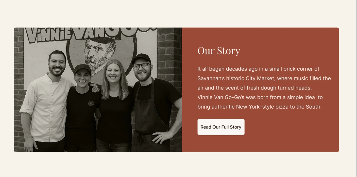 Our Story after: a group portrait beside the same story text and button
