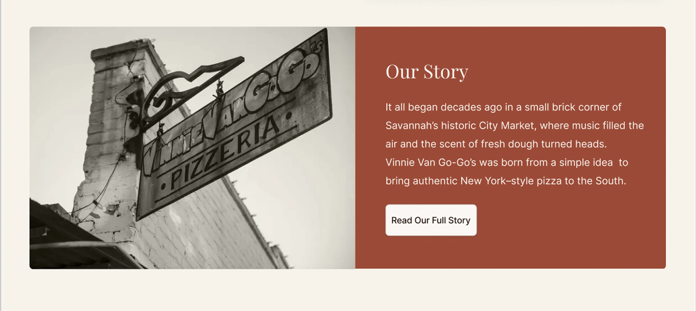 Our Story before: a photograph of the pizzeria sign beside the story text