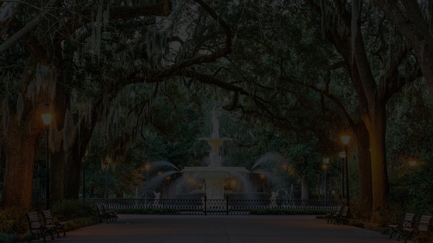 Forsyth Park fountain framed by oak trees and Spanish moss, from the team presentation
